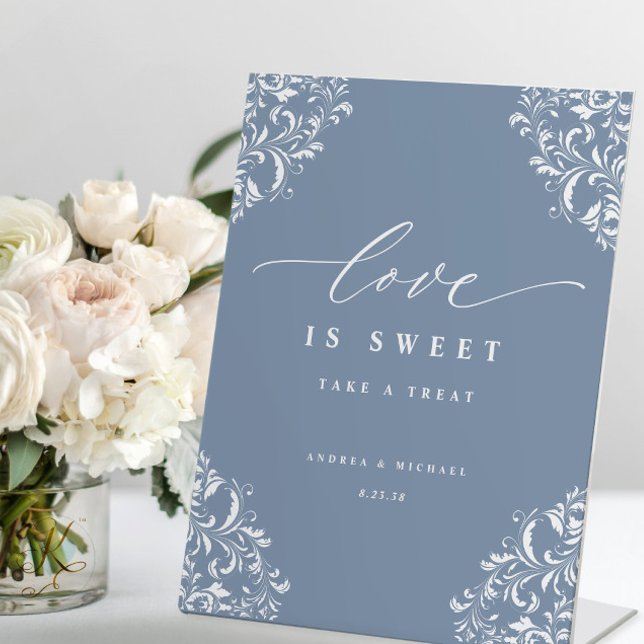 Elegant Dusty Blue Wedding Love is Sweet Pedestal Sign (Creator Uploaded)