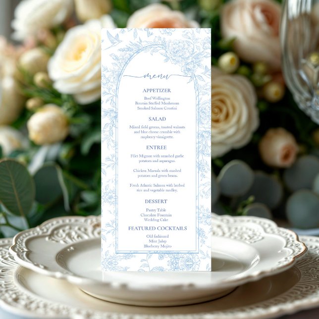 Elegant Dusty Blue Wedding Menu (Elegant Blue Floral Wedding Menu Front)