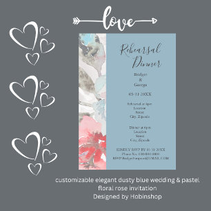 elegant dusty blue wedding & pastel floral rose   invitation