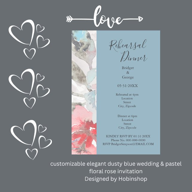 elegant dusty blue wedding & pastel floral rose   invitation (ustomizable elegant dusty blue wedding & pastel floral rose invitation
Designed by Hobinshop)