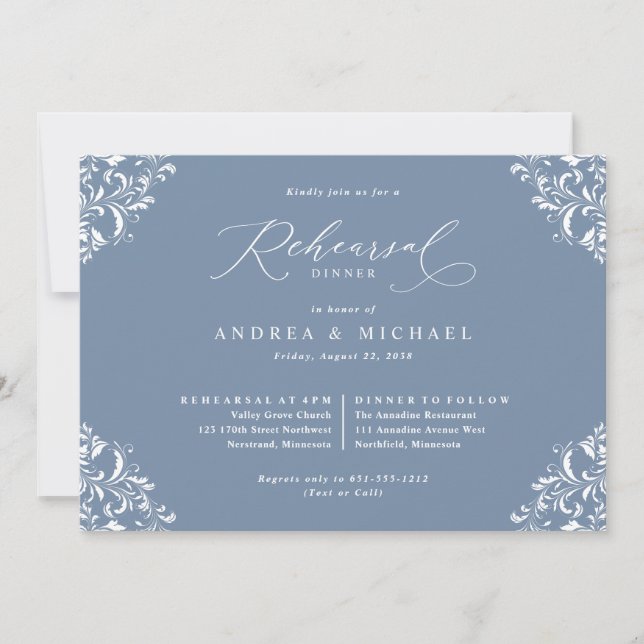 Elegant Dusty Blue Wedding Rehearsal Dinner Invitation (Front)