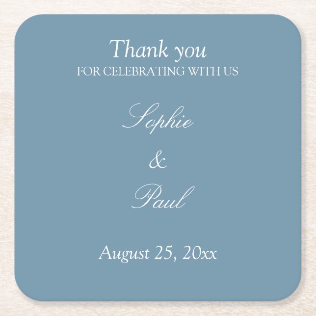 Elegant Dusty Blue Wedding Thank You Paper Coaster (Front)