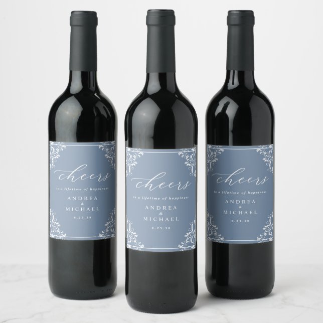 Elegant Dusty Blue Wedding Wine Bottle Labels (Bottles)