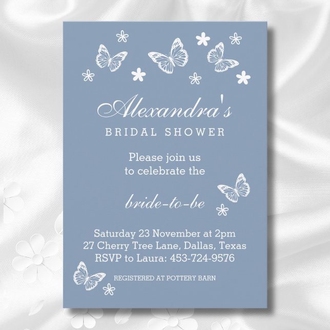 Elegant Dusty Blue White Butterfly Bridal Shower Invitation (Creator Uploaded)
