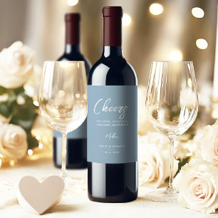Elegant Dusty Blue & White Calligraphy Wedding Wine Label