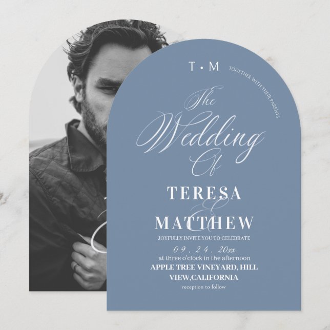 Elegant Dusty Blue & White Classic Script Wedding Invitation (Front/Back)