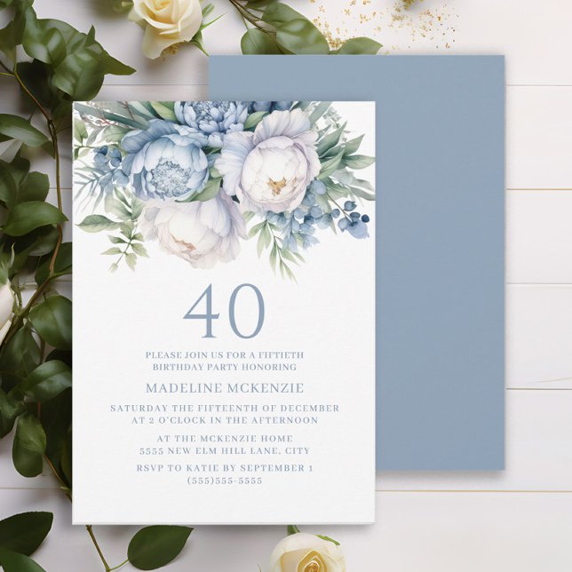 Elegant Dusty Blue White Floral 40th Birthday Invitation (Dusty blue and white watercolor floral 40th birthday party invitation for women.)