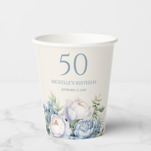 Elegant Dusty Blue White Floral 50th Birthday Name Paper Cups