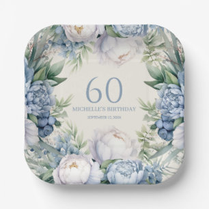 Elegant Dusty Blue White Floral 60th Birthday Paper Plate