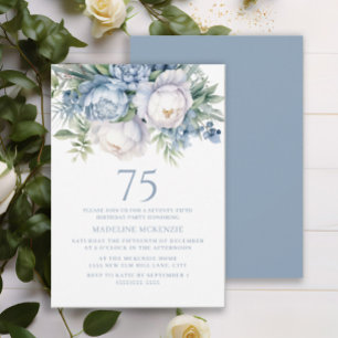 Elegant Dusty Blue White Floral 75th Birthday Invitation