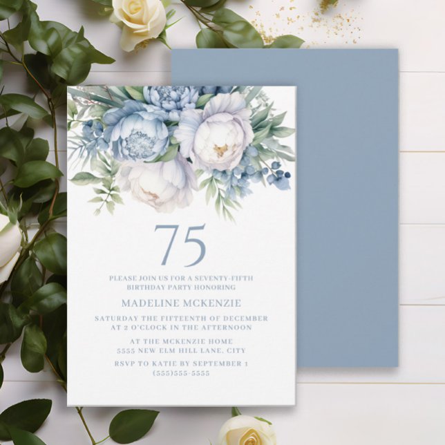 Elegant Dusty Blue White Floral 75th Birthday Invitation (Dusty blue and white watercolor floral 75th birthday party invitation)