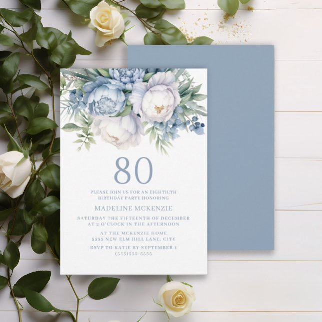 Elegant Dusty Blue White Floral 80th Birthday Invitation (Elegant dusty blue and white watercolor floral 80th birthday party invitation)