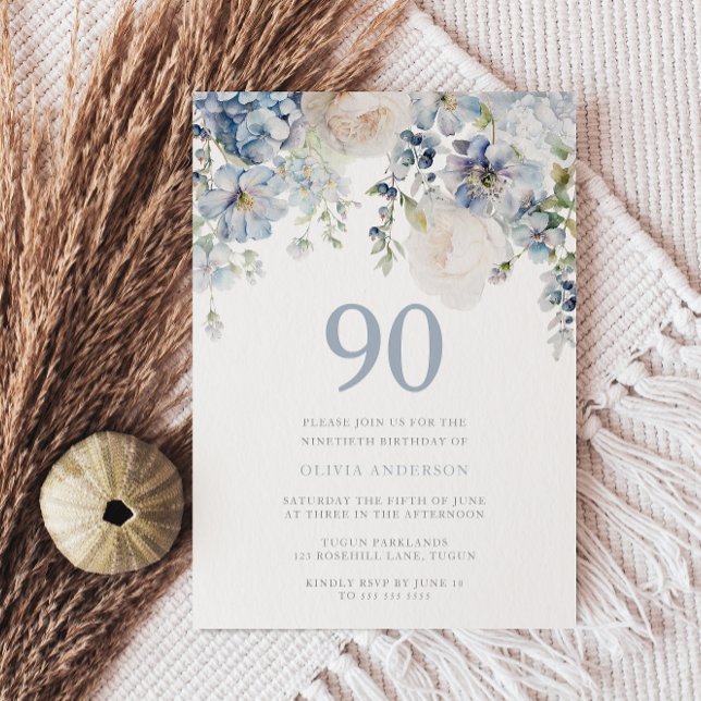 Elegant Dusty Blue & White Floral 90th Birthday Invitation (Creator Uploaded)