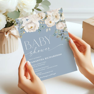 Elegant dusty blue white floral boy baby shower invitation