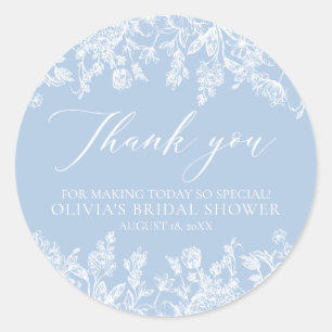 Elegant Dusty Blue White Floral Bridal Shower Classic Round Sticker