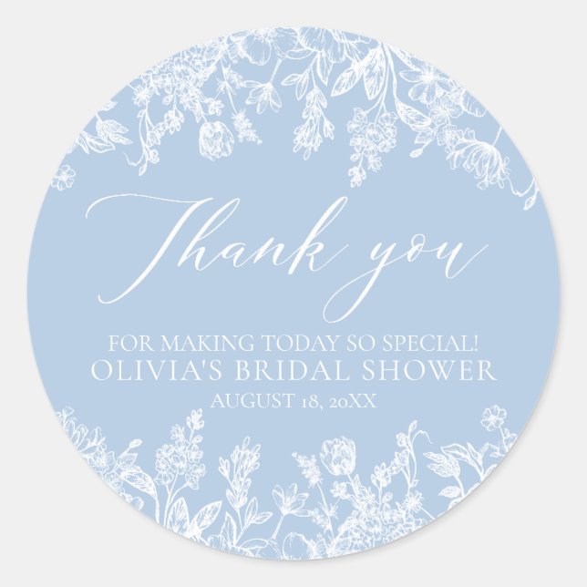 Elegant Dusty Blue White Floral Bridal Shower Classic Round Sticker (Front)