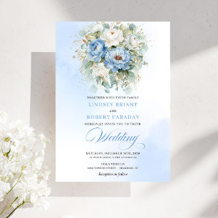 Elegant Dusty Blue White Floral Gold Wedding Invitation