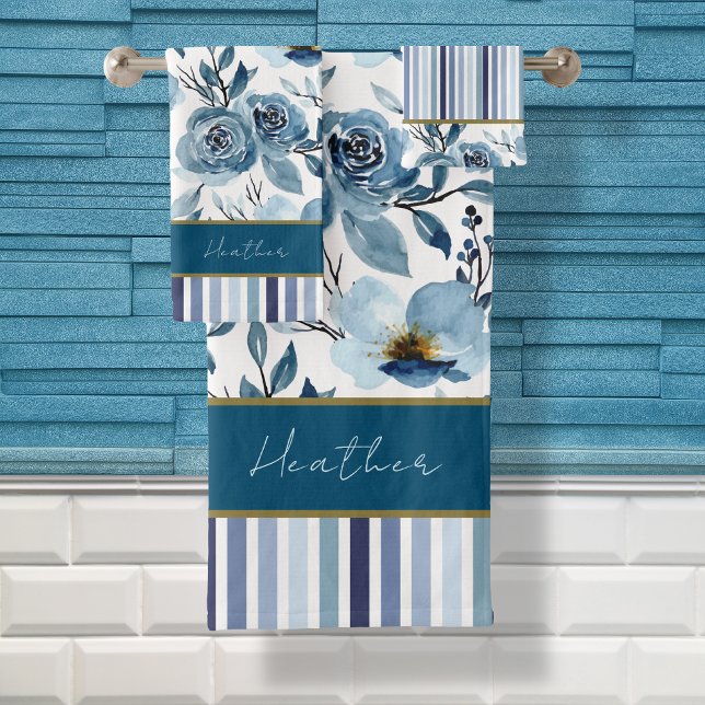 Elegant Dusty Blue White Floral Stripe Monogram Bath Towel Set (Creator Uploaded)