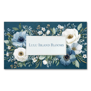 Elegant Dusty Blue White Floral Teal Gold Frame Magnetic Business Card