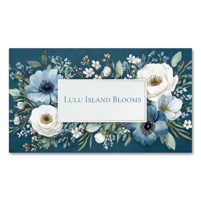 Elegant Dusty Blue White Floral Teal Gold Frame Magnetic Business Card (Front)