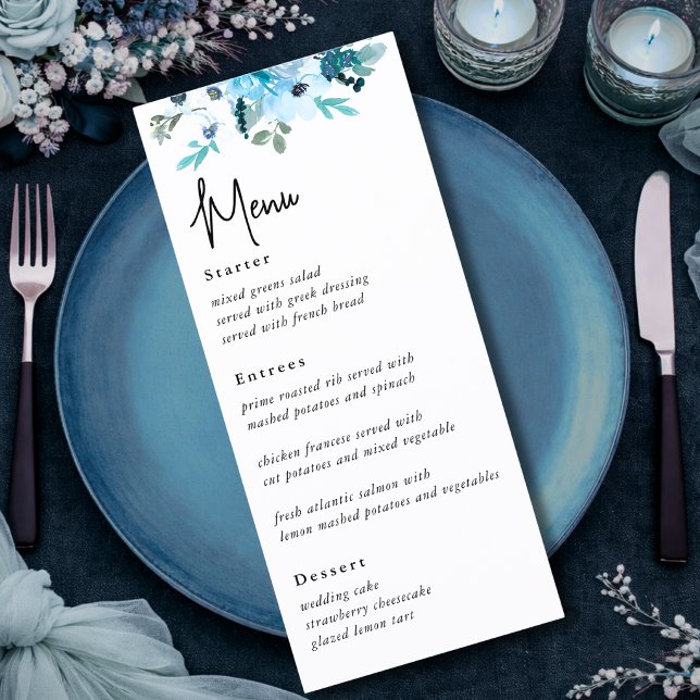 Elegant dusty blue white flowers wedding menu (Creator Uploaded)