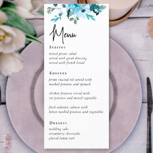 Elegant dusty blue white flowers wedding menu