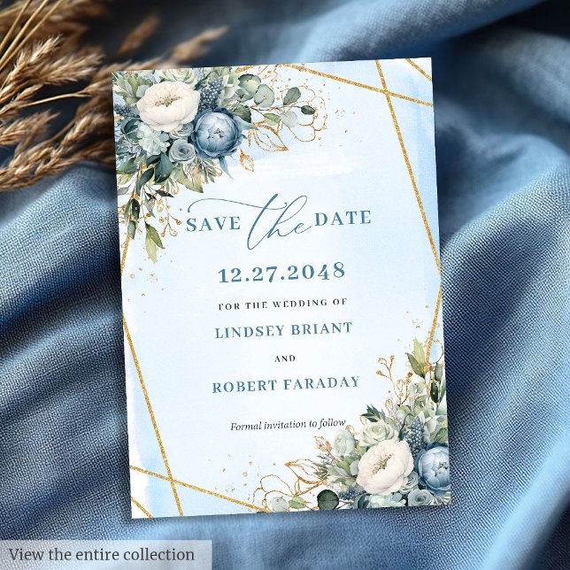 Elegant Dusty Blue White Gold Floral Save The Date Invitation (Elegant Dusty Blue White Gold Floral Save The Date)