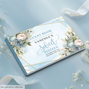 Elegant Dusty Blue White Gold Floral Sweet Sixteen Guest Book