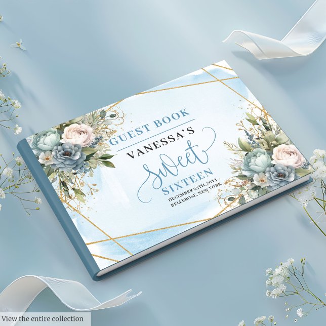 Elegant Dusty Blue White Gold Floral Sweet Sixteen Guest Book (Elegant Dusty Blue White Gold Floral Sweet Sixteen Guest Book)
