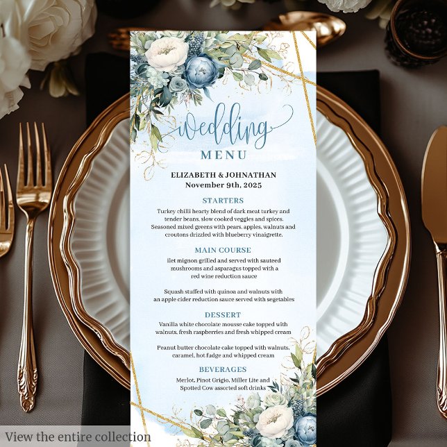 Elegant Dusty Blue White Gold Floral Wedding Menu (Elegant Dusty Blue Peonies Gold Frame Wedding Menu

)
