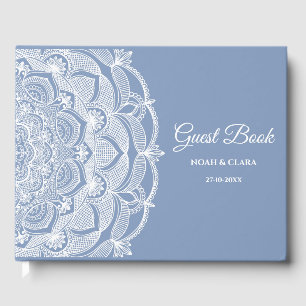 Elegant dusty blue white lace mandala classic guest book