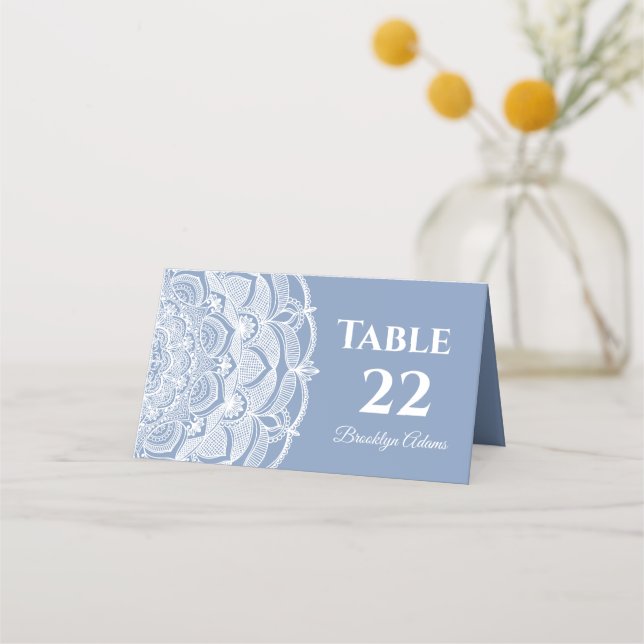 Elegant dusty blue white lace mandala classic place card (Front)