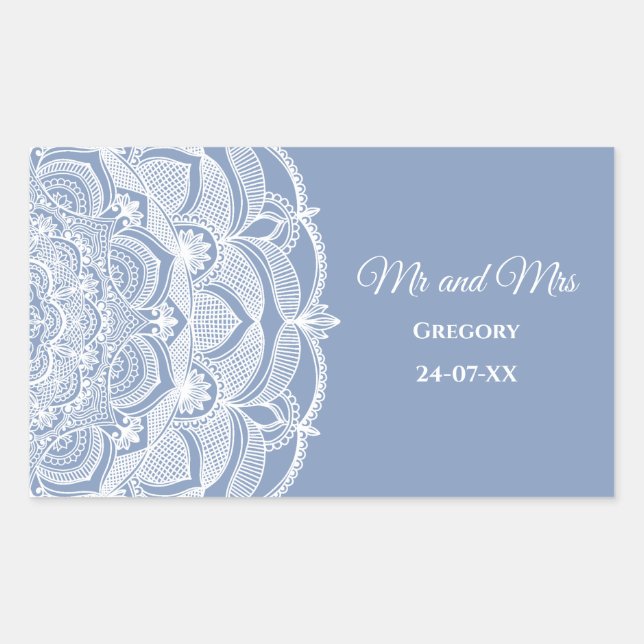 Elegant dusty blue white lace mandala classic rectangular sticker (Front)