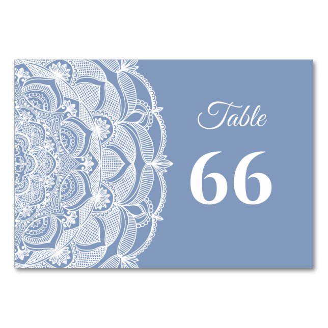 Elegant dusty blue white lace mandala classic table number (Back)