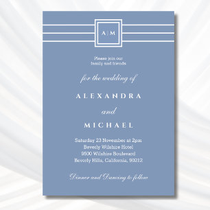 Elegant Dusty Blue White Monogram Modern Wedding Invitation