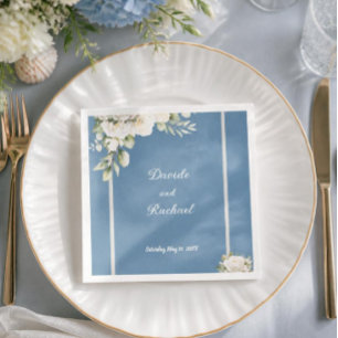 Elegant Dusty Blue White Roses Wedding Napkin