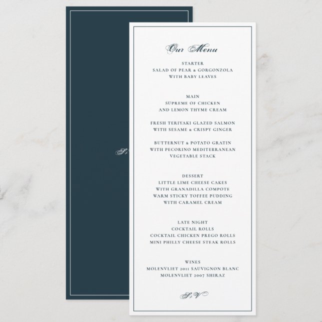 Elegant Dusty Blue White Wedding Menu Card (Front/Back)