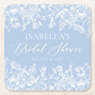 Elegant Dusty Blue Wildflower Bridal Shower Square Paper Coaster