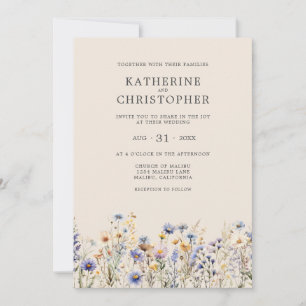 Elegant Dusty Blue Wildflower Budget Beige Wedding Invitation
