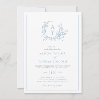 Elegant Dusty Blue Wildflower Crest Wedding  Invitation