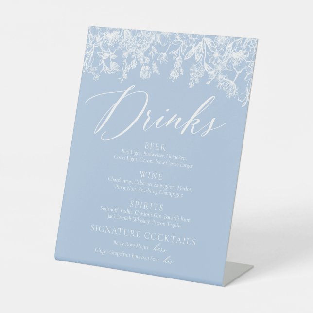 Elegant Dusty Blue Wildflower Drinks Menu Sign (Front)