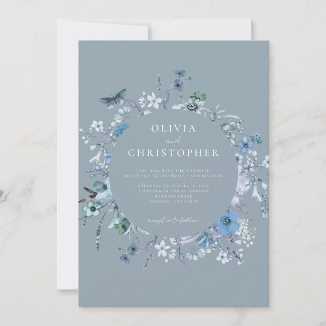 Elegant Dusty Blue Wildflower Floral Wedding Invitation (Front)