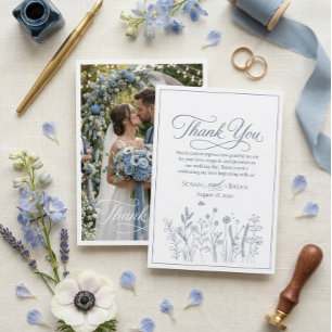 Elegant Dusty Blue Wildflower Photo Wedding Thank You Card