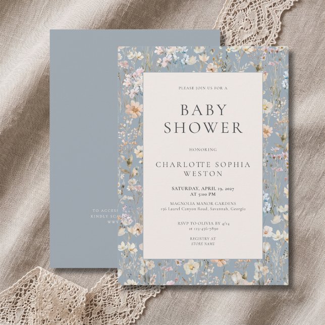 Elegant Dusty Blue Wildflower QR Code Baby Shower  Invitation (Creator Uploaded)
