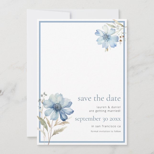 Elegant Dusty Blue Wildflower QR Code Wedding Save The Date (Front)