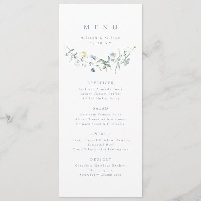 Elegant Dusty Blue Wildflower Rustic Boho Wedding Menu (Front)