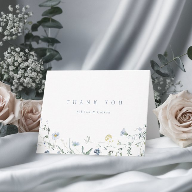 Elegant Dusty Blue Wildflower Rustic Boho Wedding Thank You Card (Elegant Dusty Blue Wildflower Rustic Boho Wedding Thank You Card)