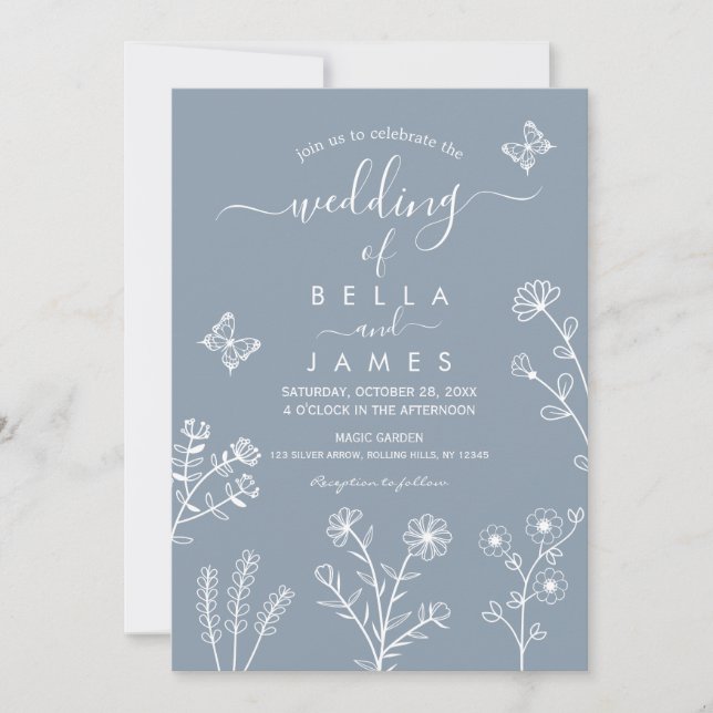 Elegant Dusty Blue Wildflower Wedding Invitation (Front)