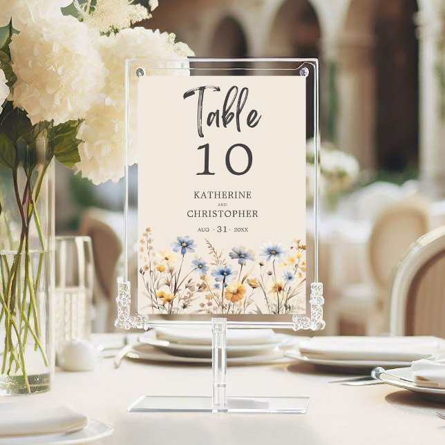 Elegant Dusty Blue Wildflower Wedding Reception Table Number (BOHO Watercolor Wildflower Wedding Table Number with wedding details, blue, yellow, purple flowers.
)