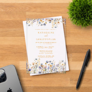 Elegant Dusty Blue Wildflowers Wedding Gold Acrylic Invitations